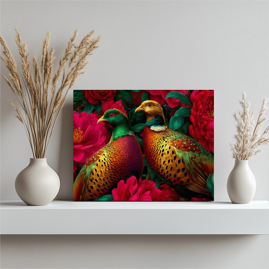 Golden Pheasants Peony Flowers Vibrant Colorful Wildlife Art Poster