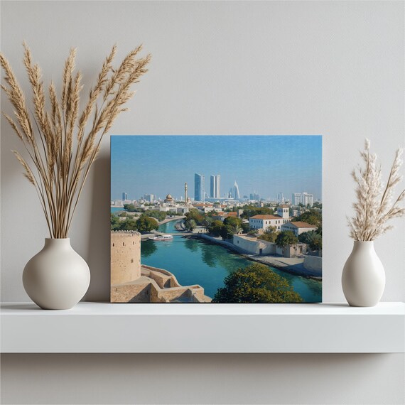 Vibrant Urban Skyline Canvas Wall Art Coastal Cityscape Painting Waterfront Canal Palm Trees Boat Historic Fortress Minaret Impressionist