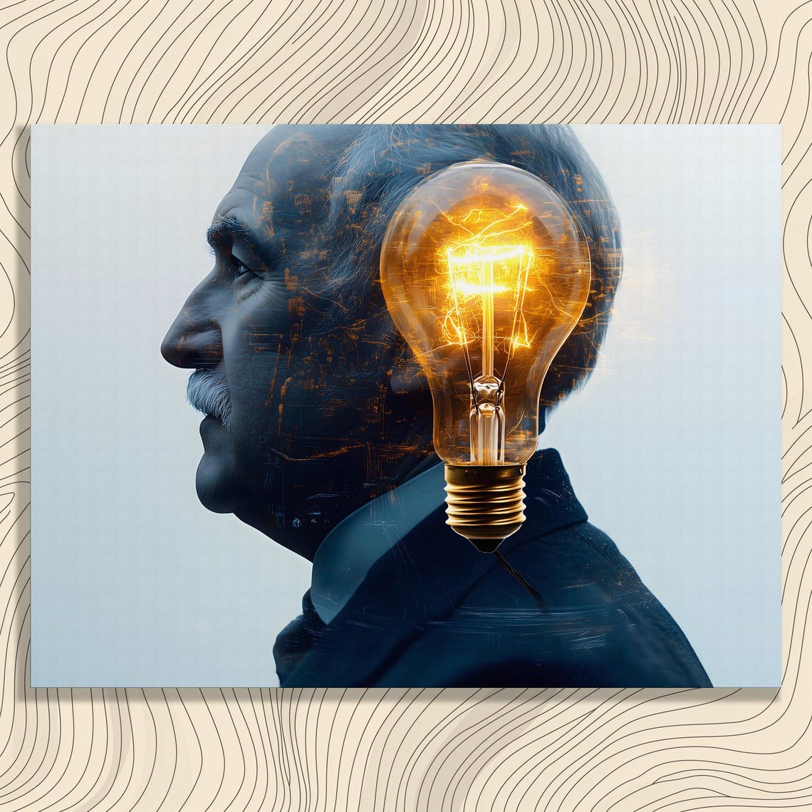 Vintage Inventor Portrait Glowing Lightbulb Surreal Bright Idea Poster