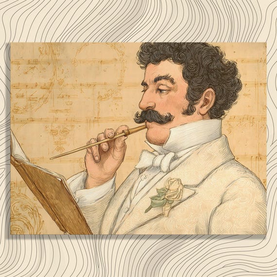 Conductor Portrait Canvas Wall Art Vintage Manuscript Music Score Illustration Of A Gentleman In White Tuxedo With Mustache Orchestra Dec