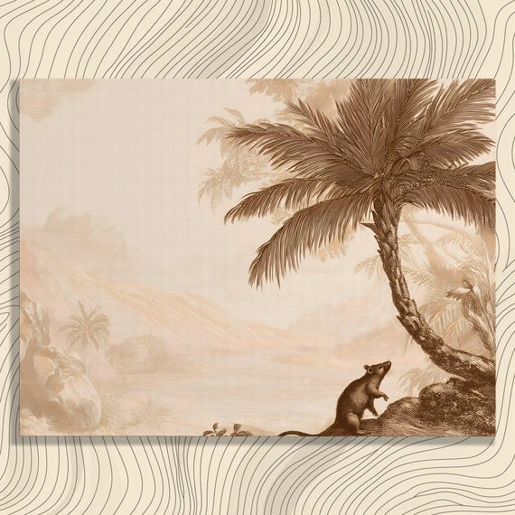 Vintage Tropical Canvas Wall Art Sepia Landscape Print Palm Tree Wildlife Illustration Decor