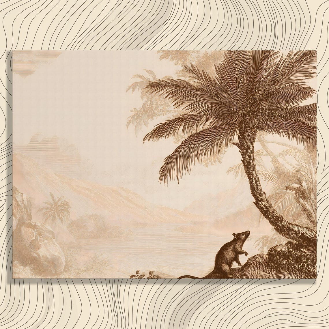 Vintage Tropical Canvas Wall Art Sepia Landscape Print Palm Tree Wildlife Illustration Decor