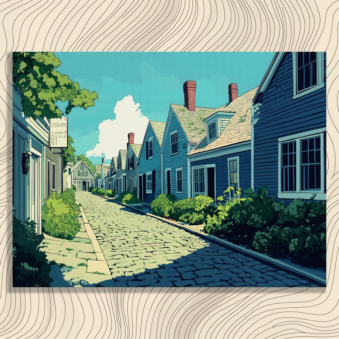 Cobblestone Street Blue Cottage Historic Coastal Village Wall Art