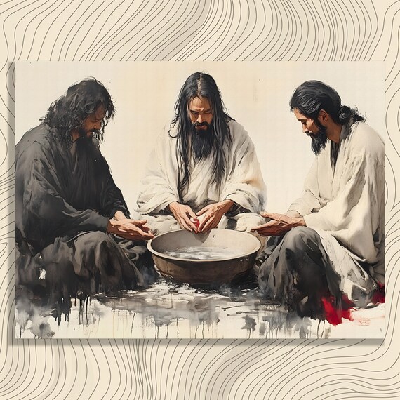 Foot Washing Ritual Three Disciples Basin Ink Wash Spiritual Poster