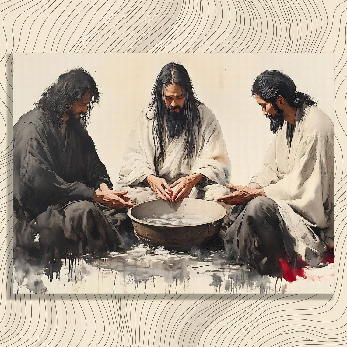 Foot Washing Ritual Three Disciples Basin Ink Wash Spiritual Poster