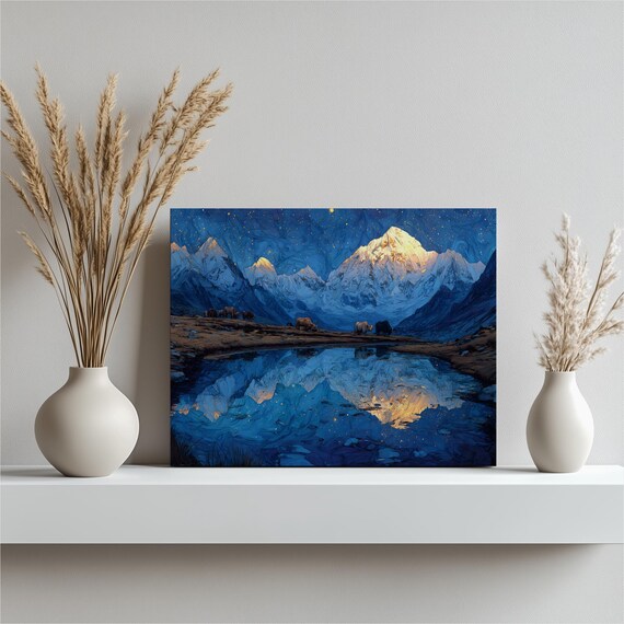 Majestic Mountain Canvas Wall Art Starry Night Reflection Grazing Yaks By Tranquil Lake Decor Print In Blue Gold Palette