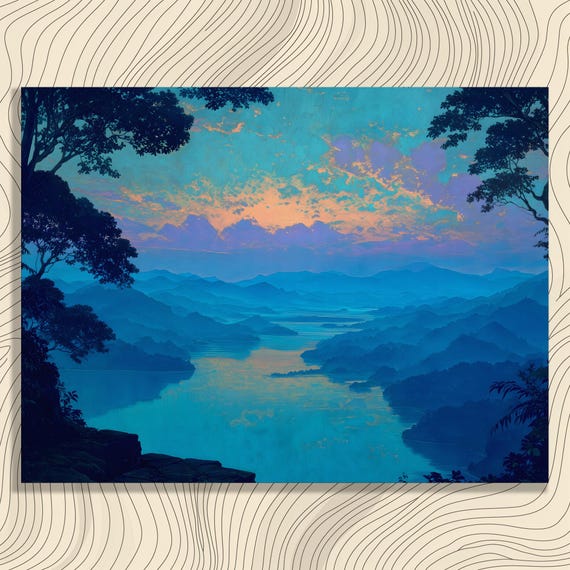Misty Mountain Sunrise Canvas Wall Art Blue River Reflection Nature Painting Print Colorful Landscape Boho Decor Gift For Lovers