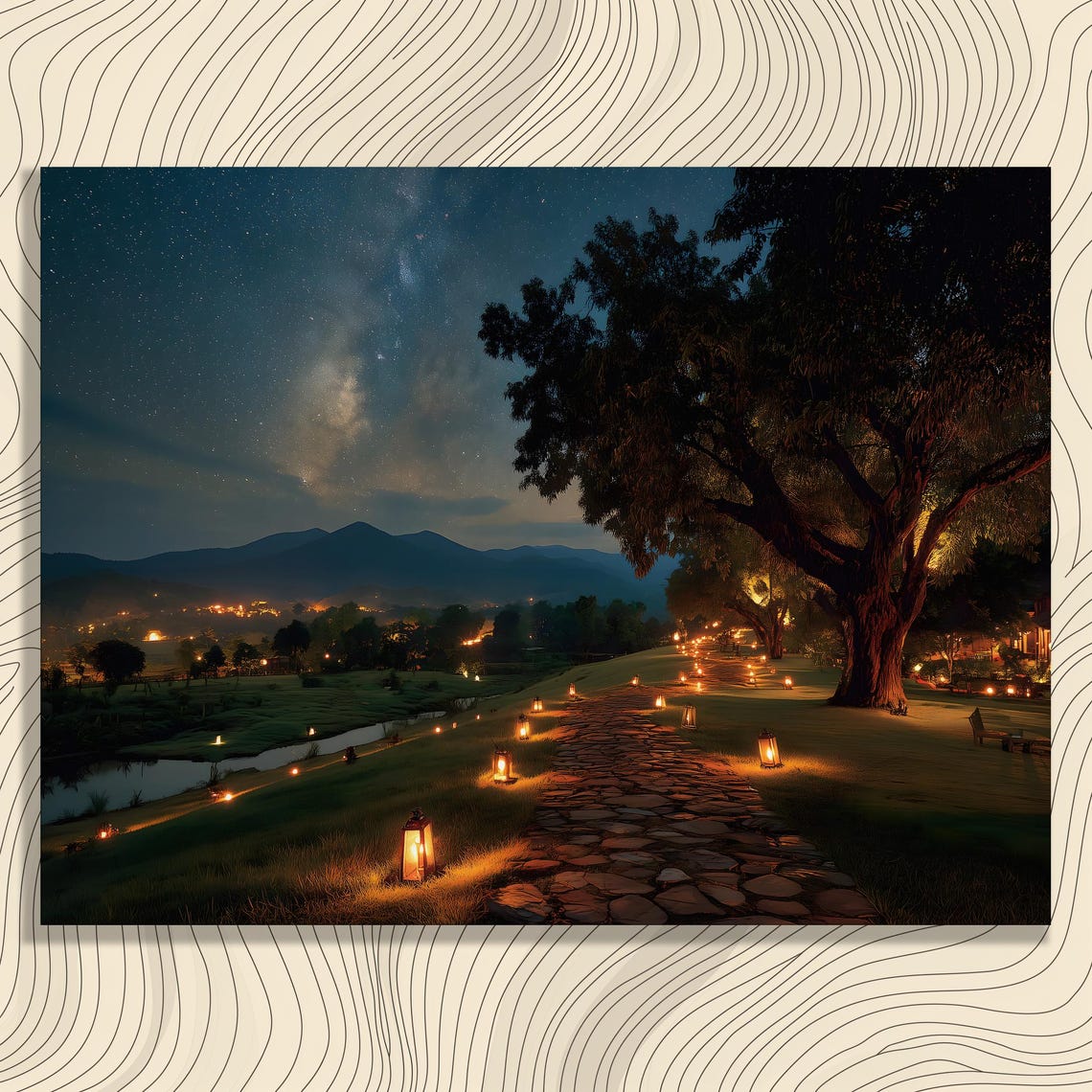 Milky Way Night Sky Over a Lantern Lit Stone Path in the Mountains Wall Art