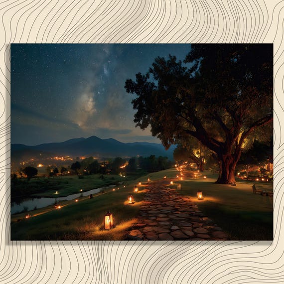 Milky Way Night Sky Over a Lantern Lit Stone Path in the Mountains Wall Art