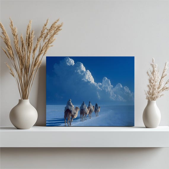 Caravan Of Camels Canvas Wall Art Minimalist Boho Desert Print Surreal Salt Flat Landscape Cloud Filled Sky Travel Decor Blue White