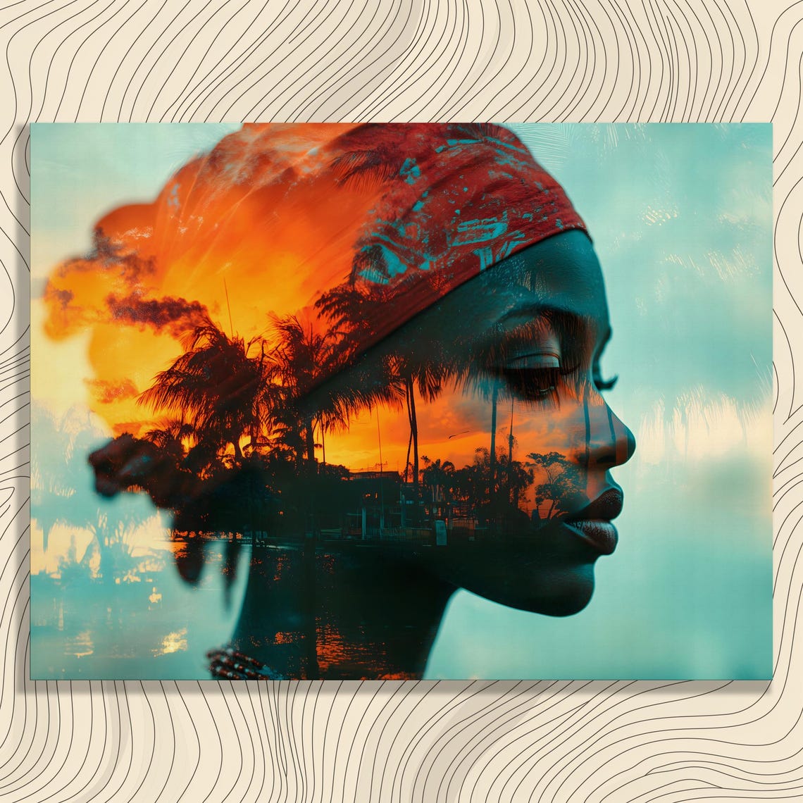 Woman Silhouette Double Exposure Tropical Sunset Palm Trees Art Poster