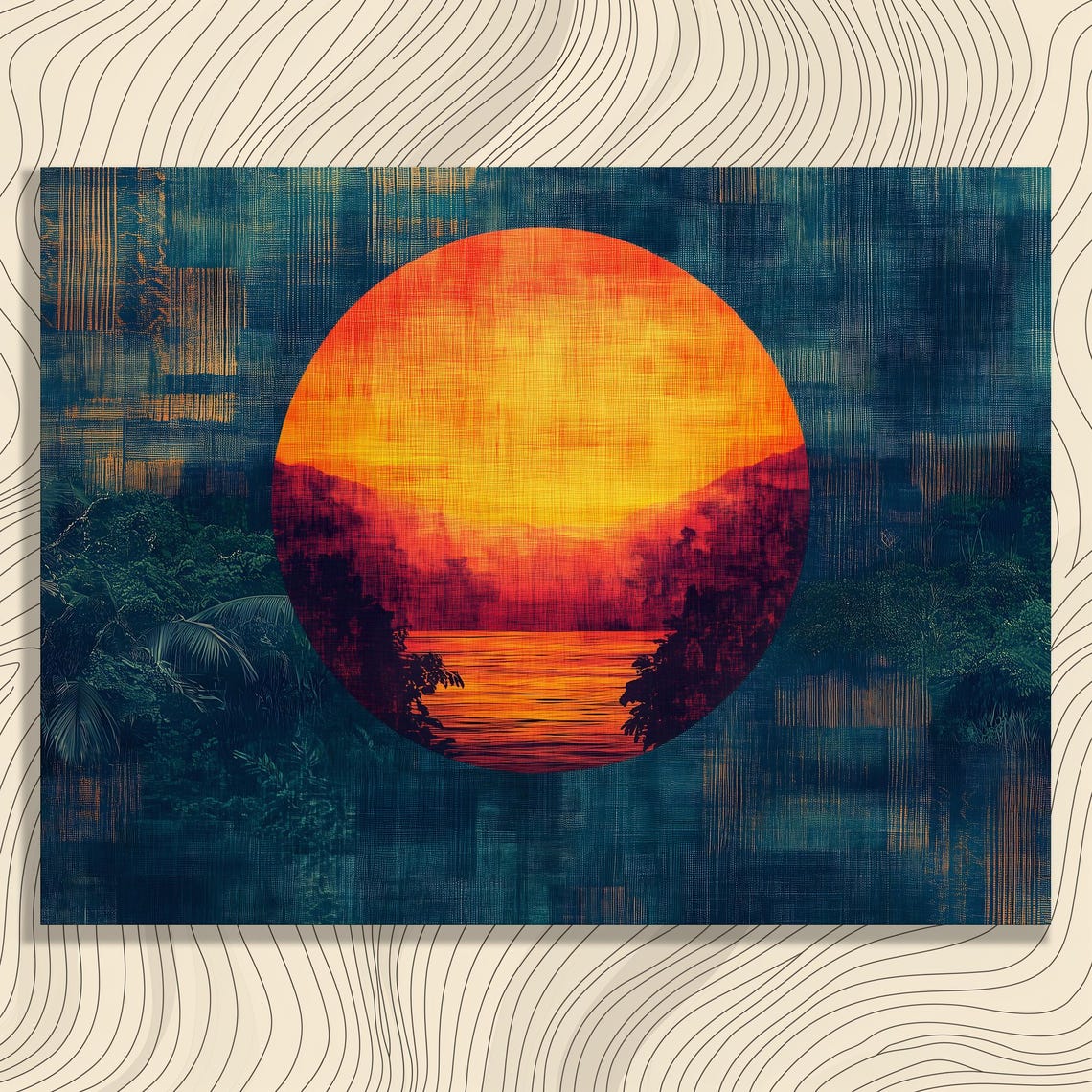 Tropical Sunset Circle Over Jungle Waters Abstract Art Poster