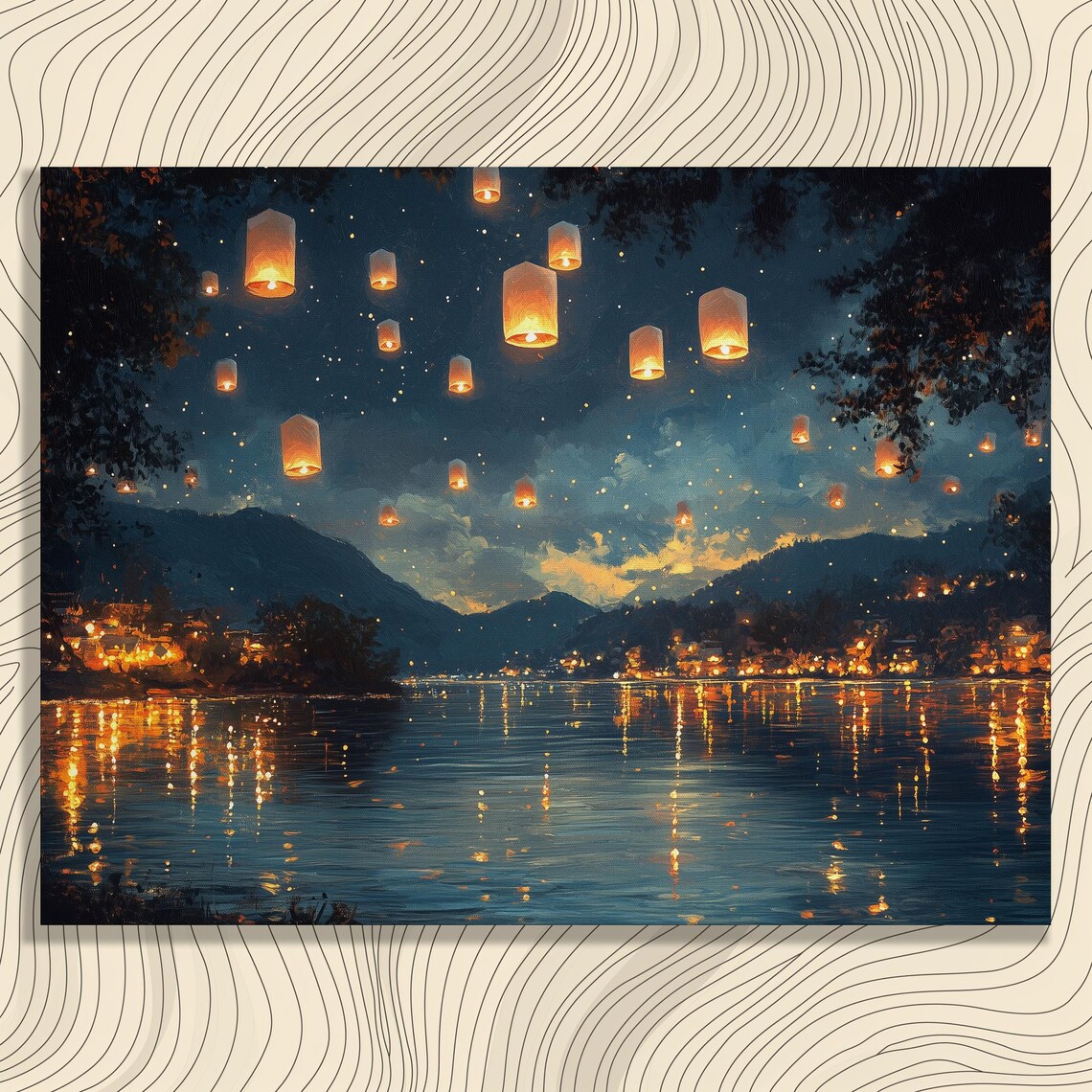 Floating Lanterns Scenic Night Sky River Lights Art Print