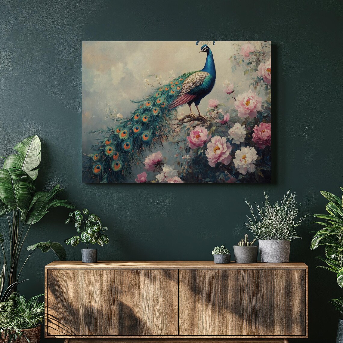 Peacock with Pink Peonies Floral Branch Bird Painting Poster