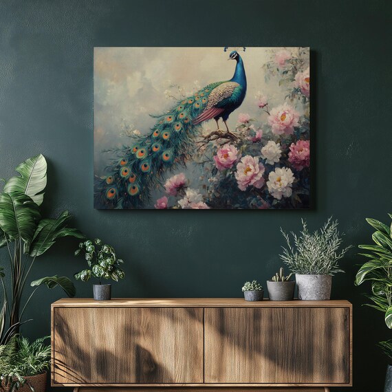 Vibrant Peacock Floral Canvas Art Painting Botanical Nature Wall Decor For Living Room Bedroom Office Colorful Contemporary Bird Print