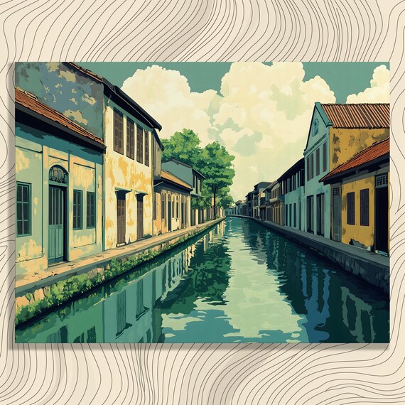 Serene Canal Canvas Wall Art Vintage Green Blue Cityscape Architecture Print Decor Painting Gift For Enthusiasts And Travelers