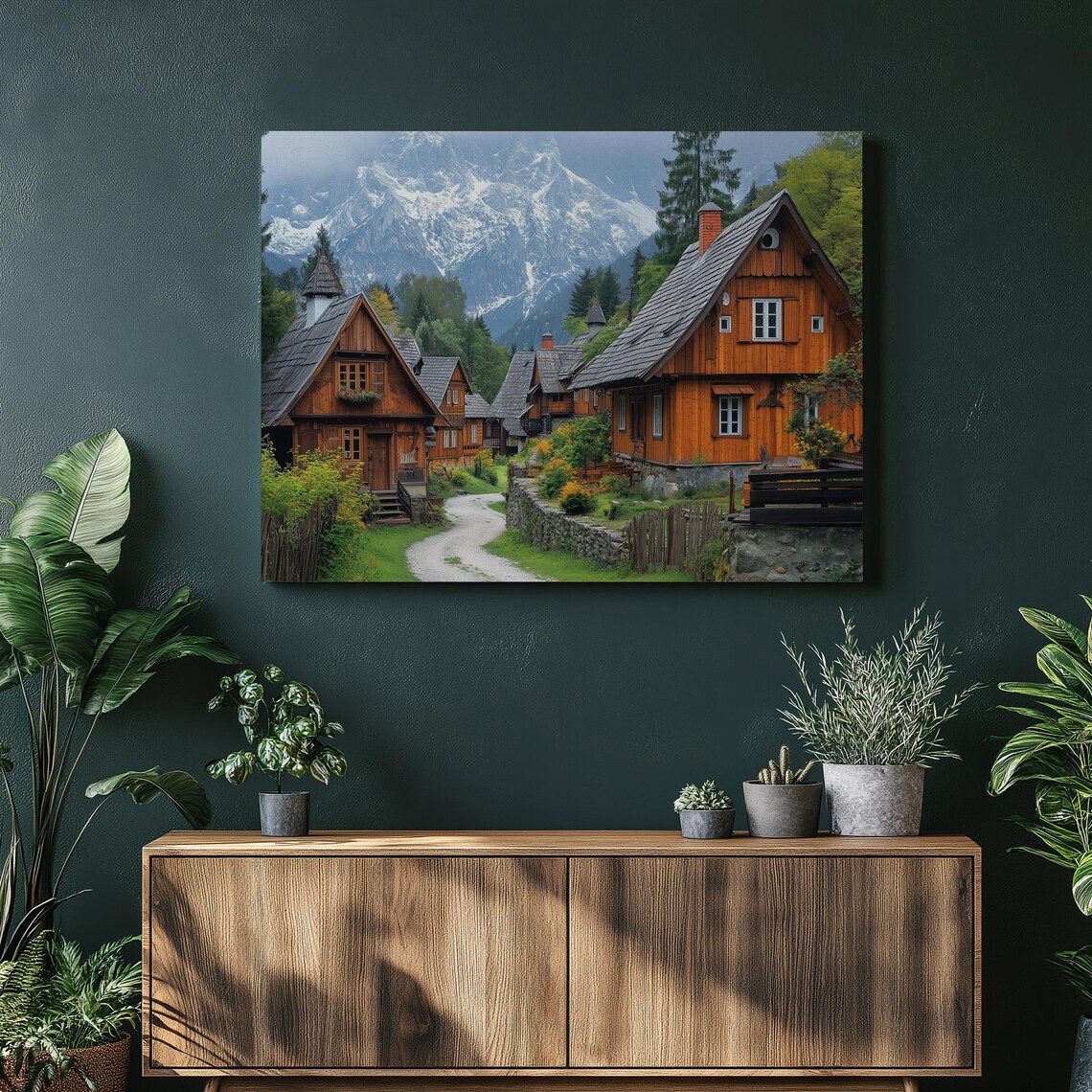 Alpine Wooden Village Street Snowy Peaks Travel Painting Poster