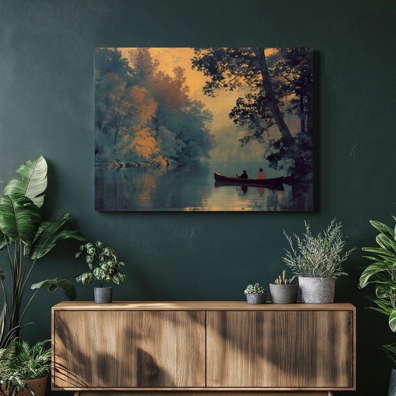 Canoe River Sunset Canvas Wall Art Tranquil Forest Lake Landscape