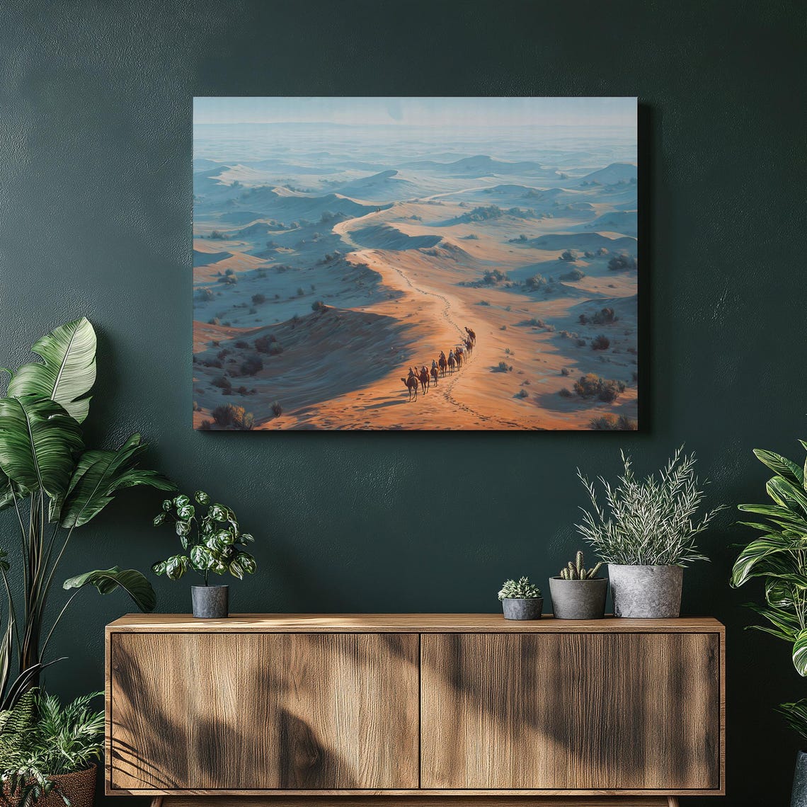 Desert Camel Caravan Crossing Golden Dunes Dawn Landscape Art Print