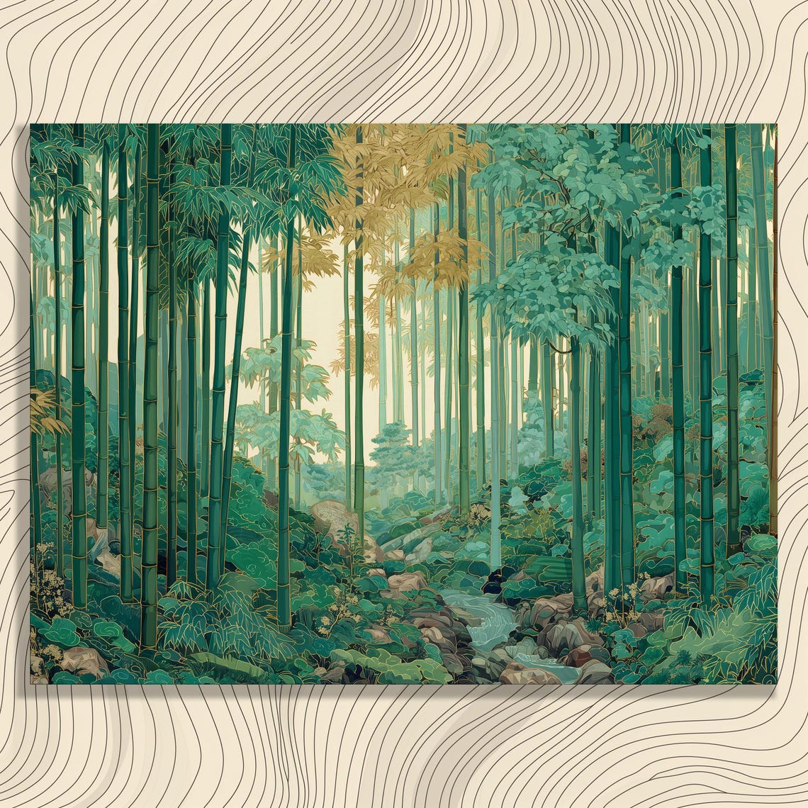 Serene Green Bamboo Forest Grove Stream Zen Landscape Poster