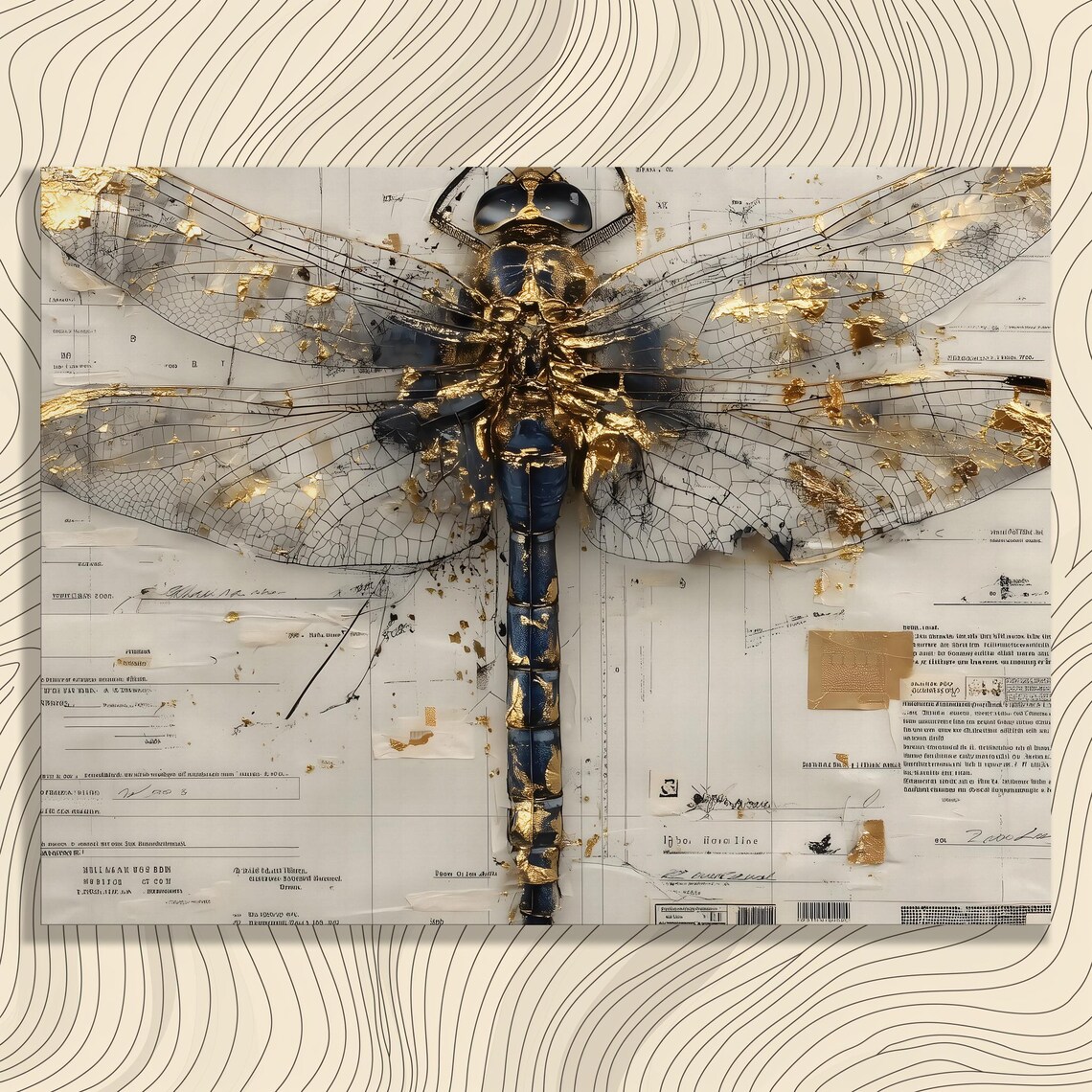 Dragonfly Canvas Wall Art Gold Print Leaf Decor Botanical Blueprint Poster Mixed Media Collage Design