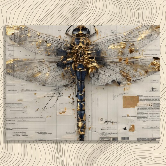 Dragonfly Canvas Wall Art Gold Print Leaf Decor Botanical Blueprint Poster Mixed Media Collage Design