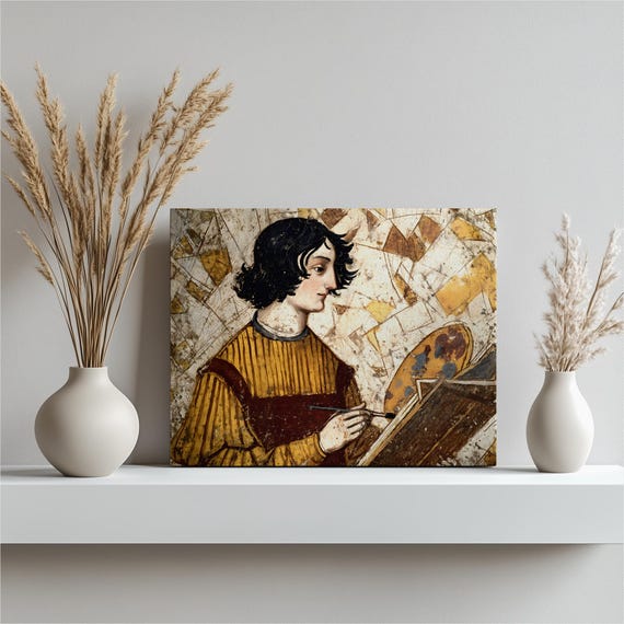 Medieval Painter Canvas Wall Art Traditional Portrait Painting Gothic Decor Historic Fine Print Beige Gold Tones Unique Gift