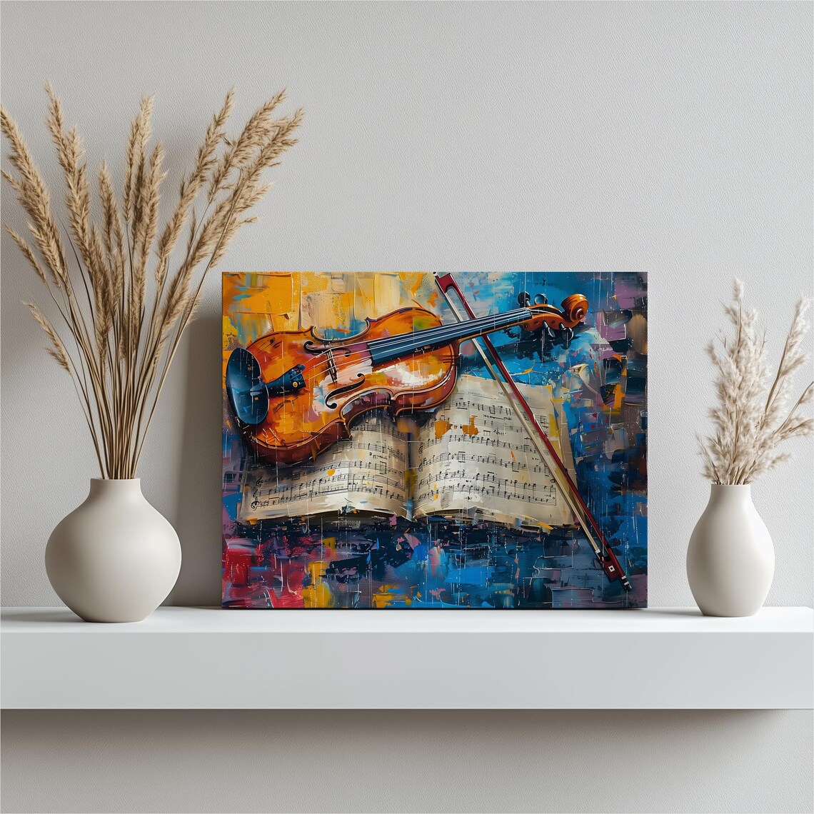 Violin And Bow Canvas Wall Art Colorful Abstract Music Decor For Musicians