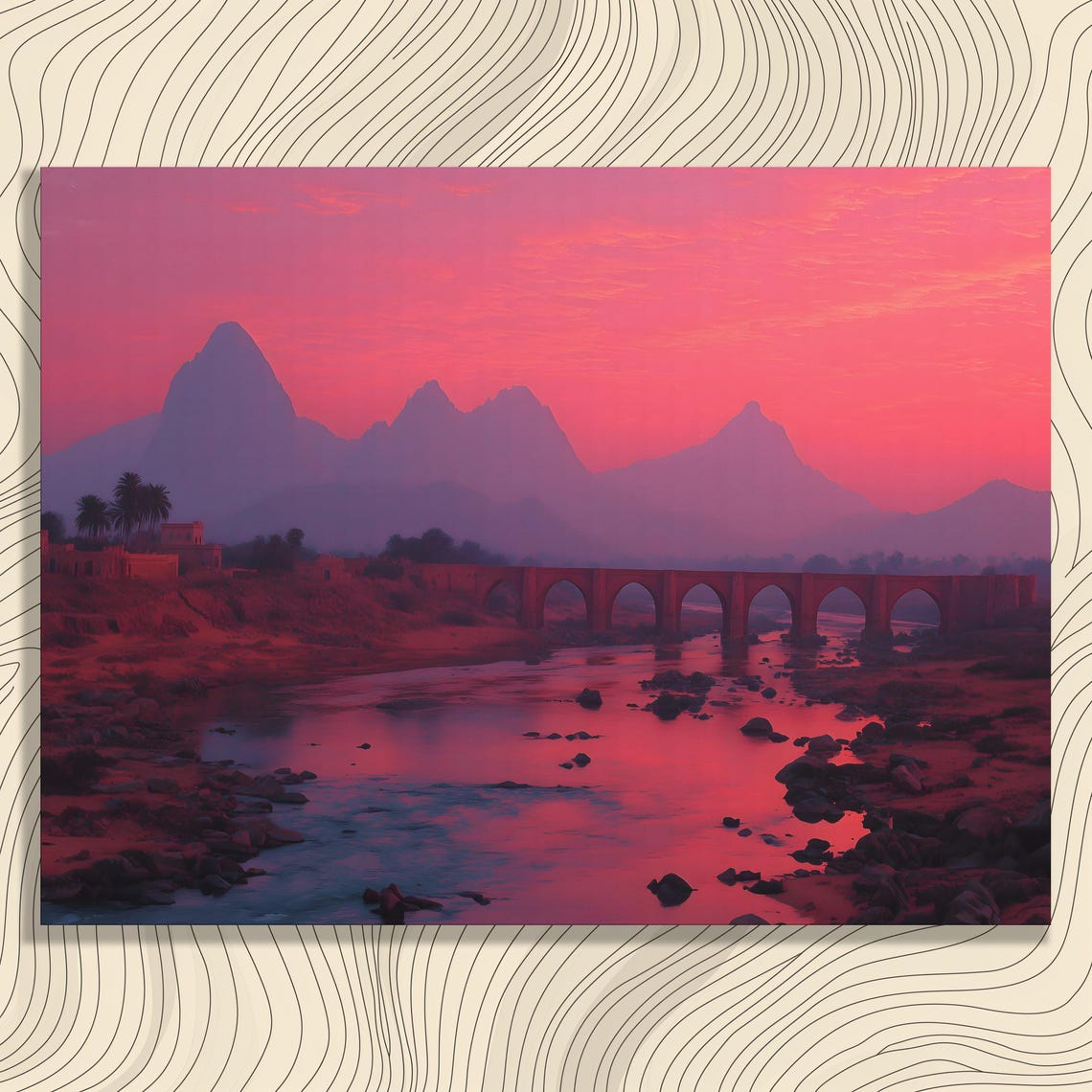 Vibrant Sunset Mountain Peaks Stone Bridge River Landscape Poster