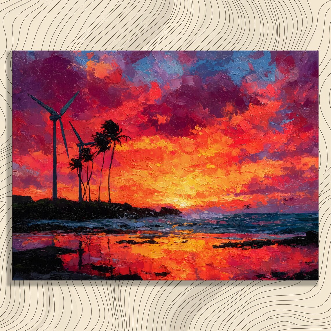 Vibrant Tropical Sunset Wind Turbines Palm Silhouettes Ocean Poster