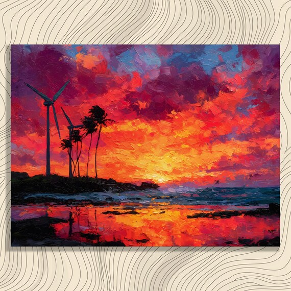 Vibrant Tropical Sunset Wind Turbines Palm Silhouettes Ocean Poster