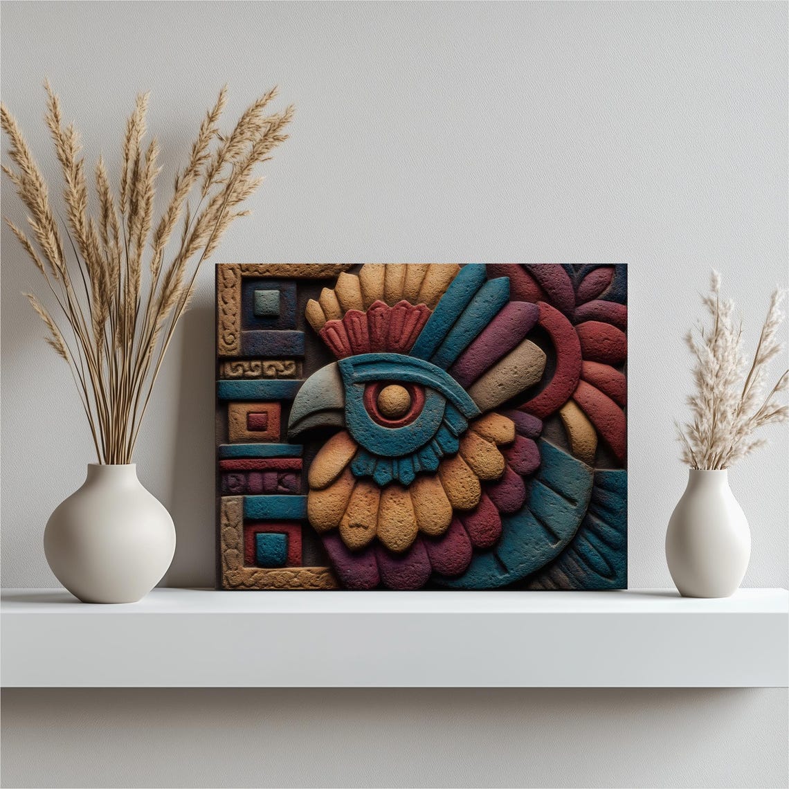 Aztec Eagle Head Stone Carving Relief Colorful Tribal Art Print
