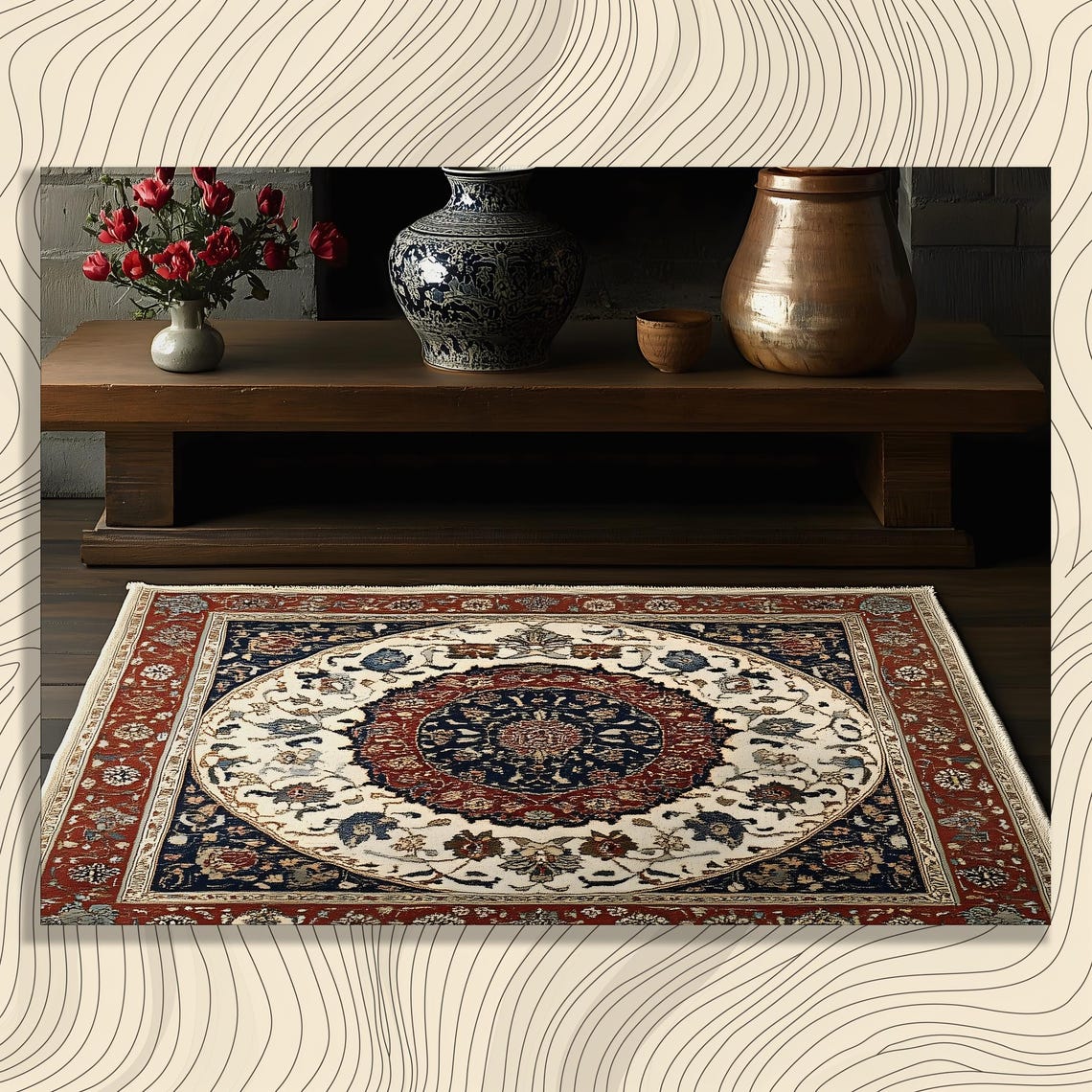 Persian Rug Blue Porcelain Vase Copper Jug Rustic Still Life Poster