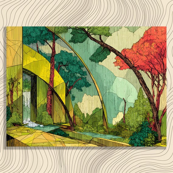 Vibrant Geometric Landscape Canvas Wall Art Abstract Architectural Trees Print Decor Painting Gift Nature Modern Colorful Design