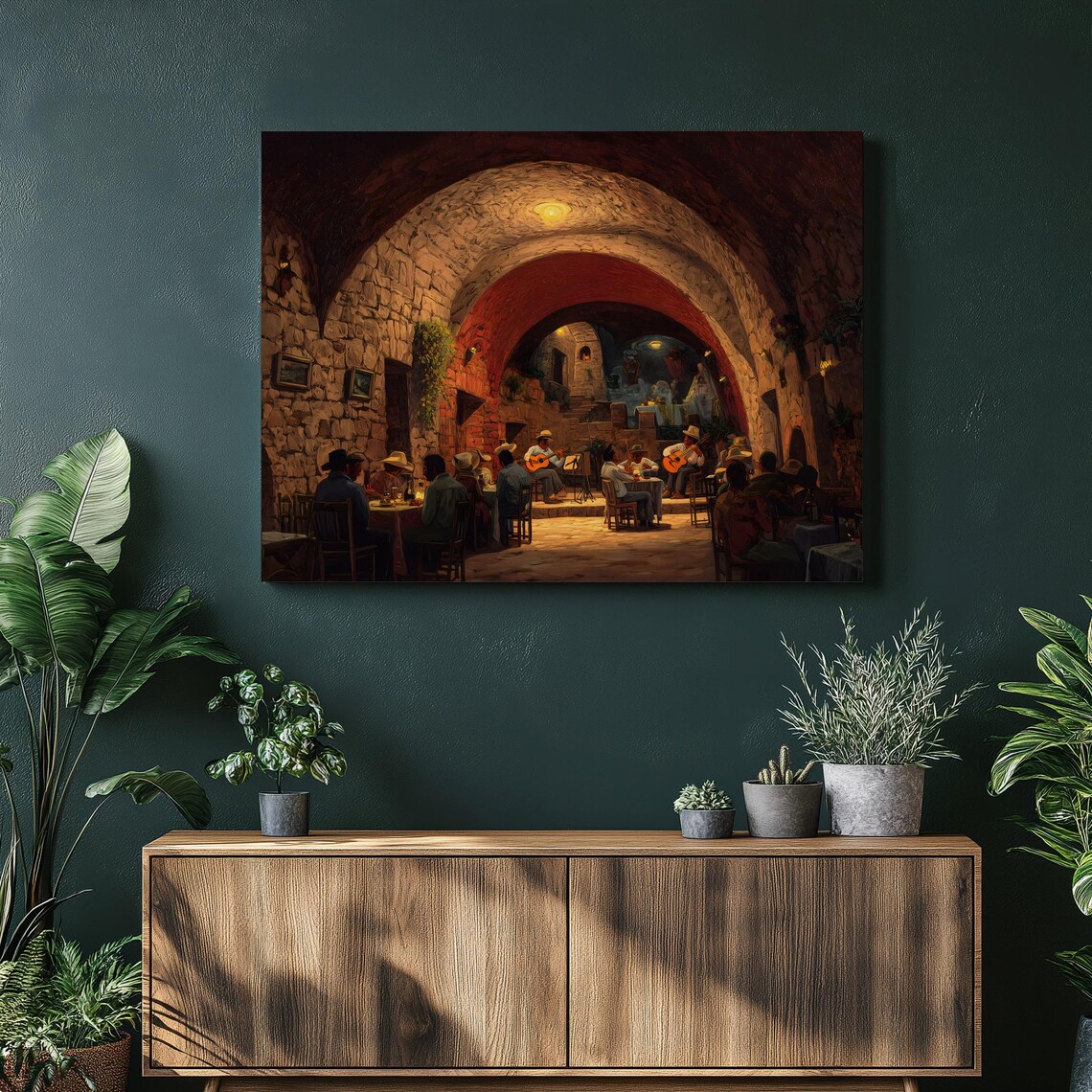 Candlelit Tavern Musicians Guitar Night Warm Stone Arch Painting Poster
