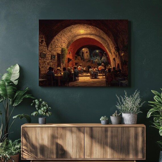 Candlelit Tavern Musicians Guitar Night Warm Stone Arch Painting Poster