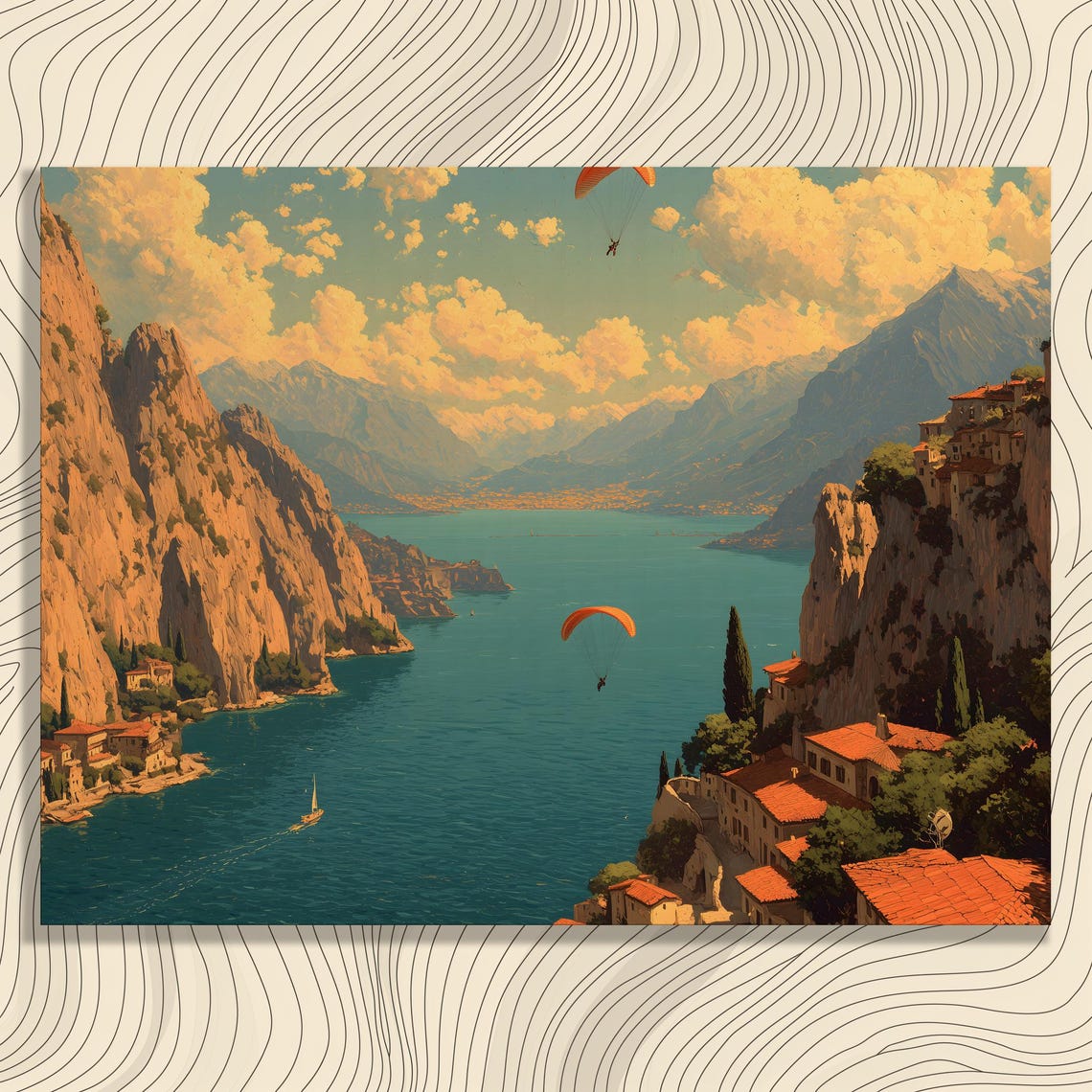 Paragliding Over Alpine Lake Cliffside Villages Painting Poster