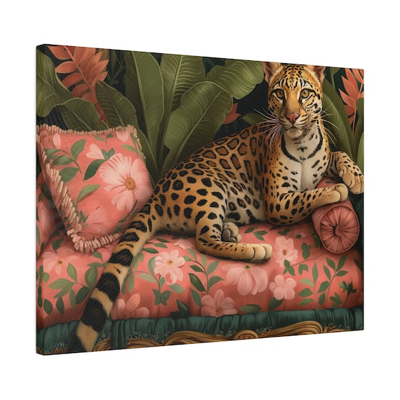 Leopard Lounging on a Floral Sofa Maximalist Jungle Art Poster