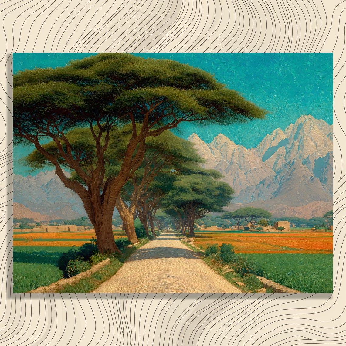 Majestic Towering Acacia Trees Lining Road to Snowy Mountains Poster