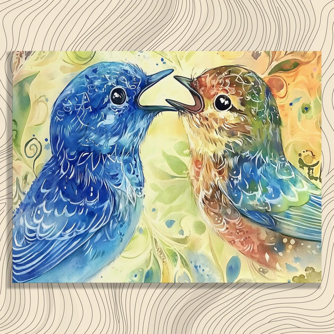 Bluebirds Pair Watercolor Songbirds Beak To Beak Nature Wall Poster