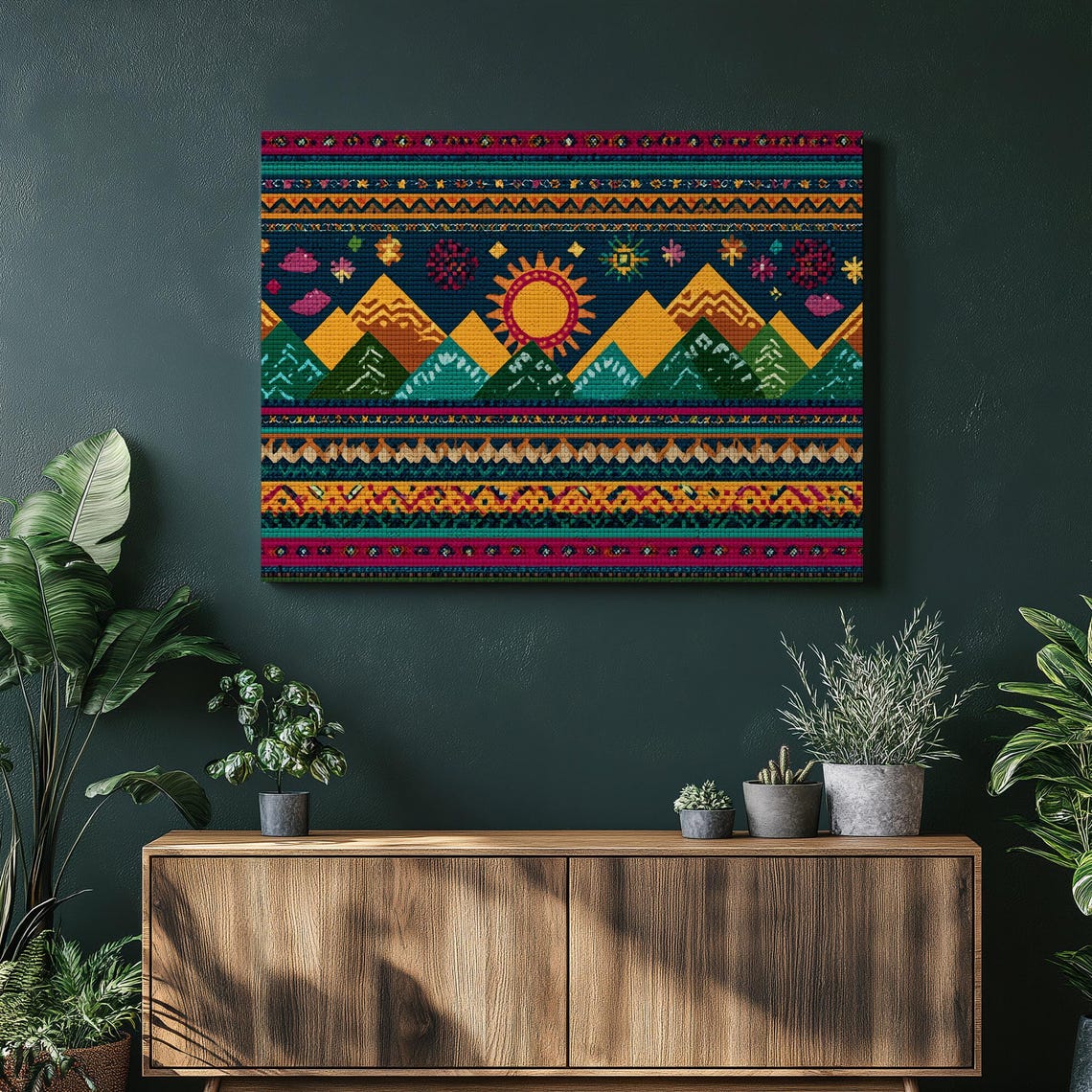 Boho Mountain Sun Tribal Pattern Colorful Woven Textile Style Poster