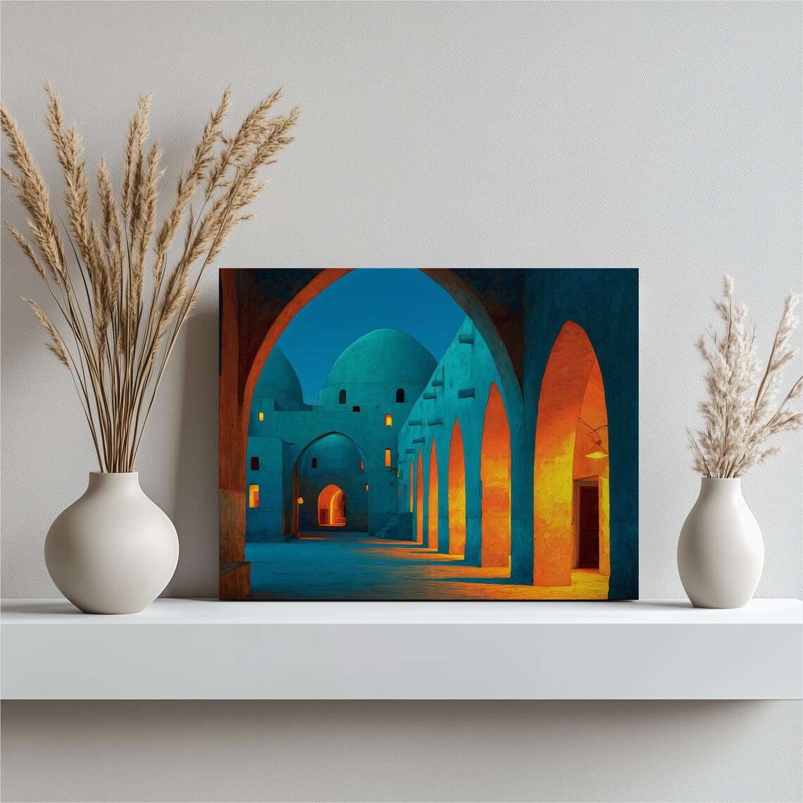 Islamic Archway Corridor at Night Poster Blue Orange Middle Eastern Scene