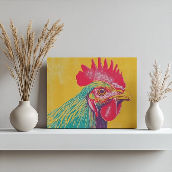 Colorful Rooster Canvas Wall Art Vibrant Chicken Illustration For Farmhouse Kitchen Living Room Dcor