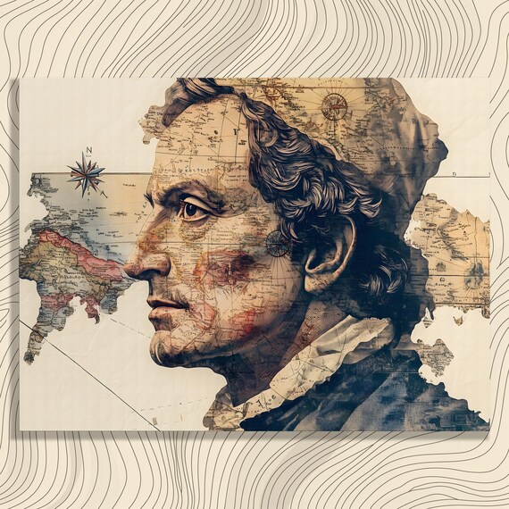 Bold Columbus Portrait Canvas Wall Art Vintage Map Print World Poster Historical Figures Cartography Decor Travel Gifts