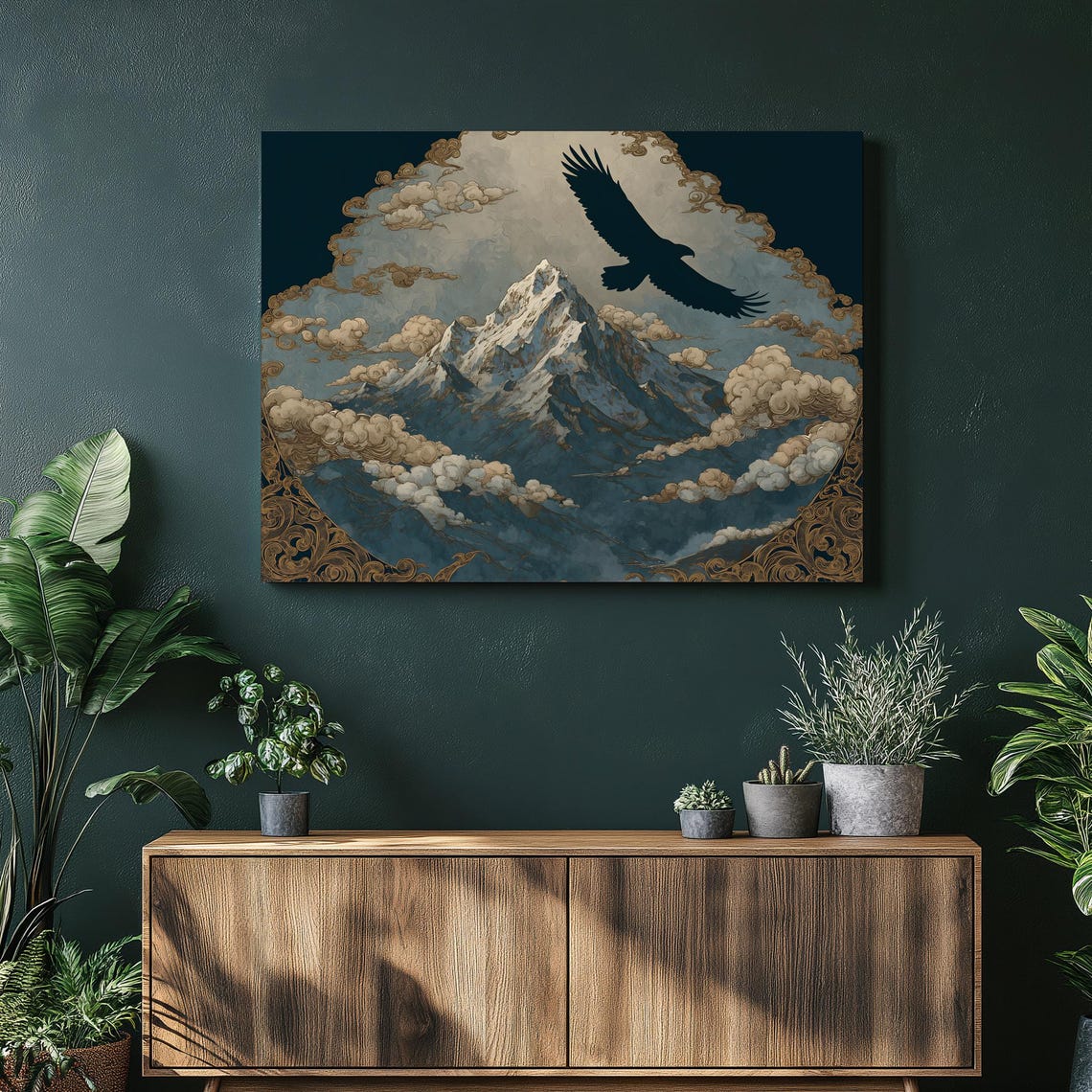 Soaring Eagle Over Snowy Mountain Peak Ornate Gold Art Print