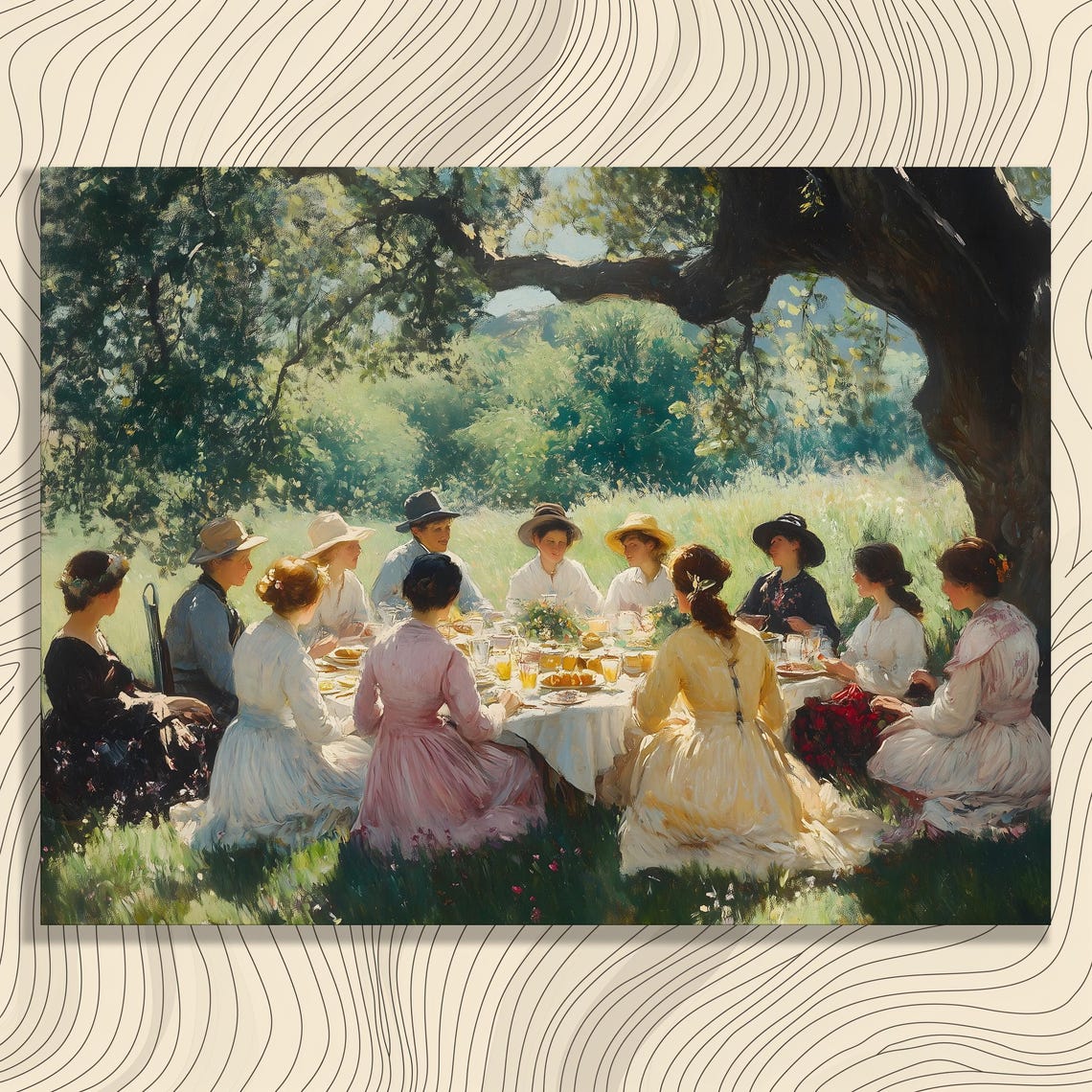 Vintage Countryside Picnic Gathering Under Oak Tree Classic Art Print