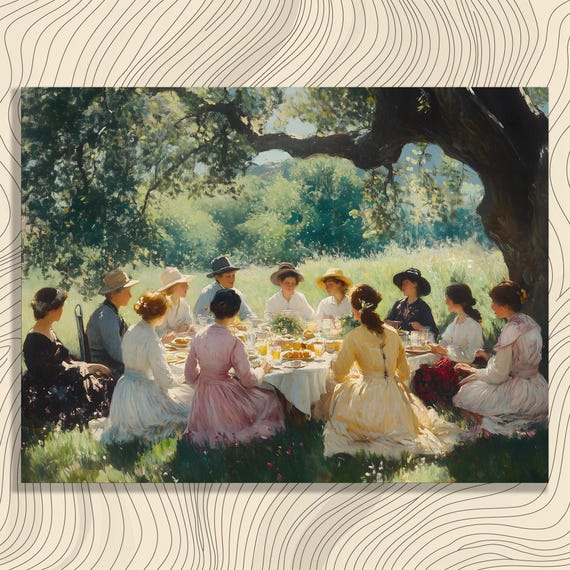 Vintage Countryside Picnic Canvas Wall Art Sunlit Oak Tree Gathering In Summer Meadow