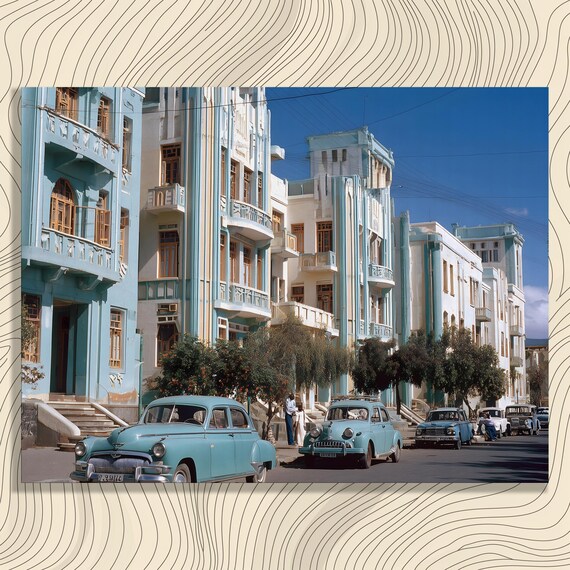 Art Deco Cars Canvas Wall Retro Cityscape Classic Auto Print Urban Street Blue Buildings Painting Gift Decor Vintage Artwork