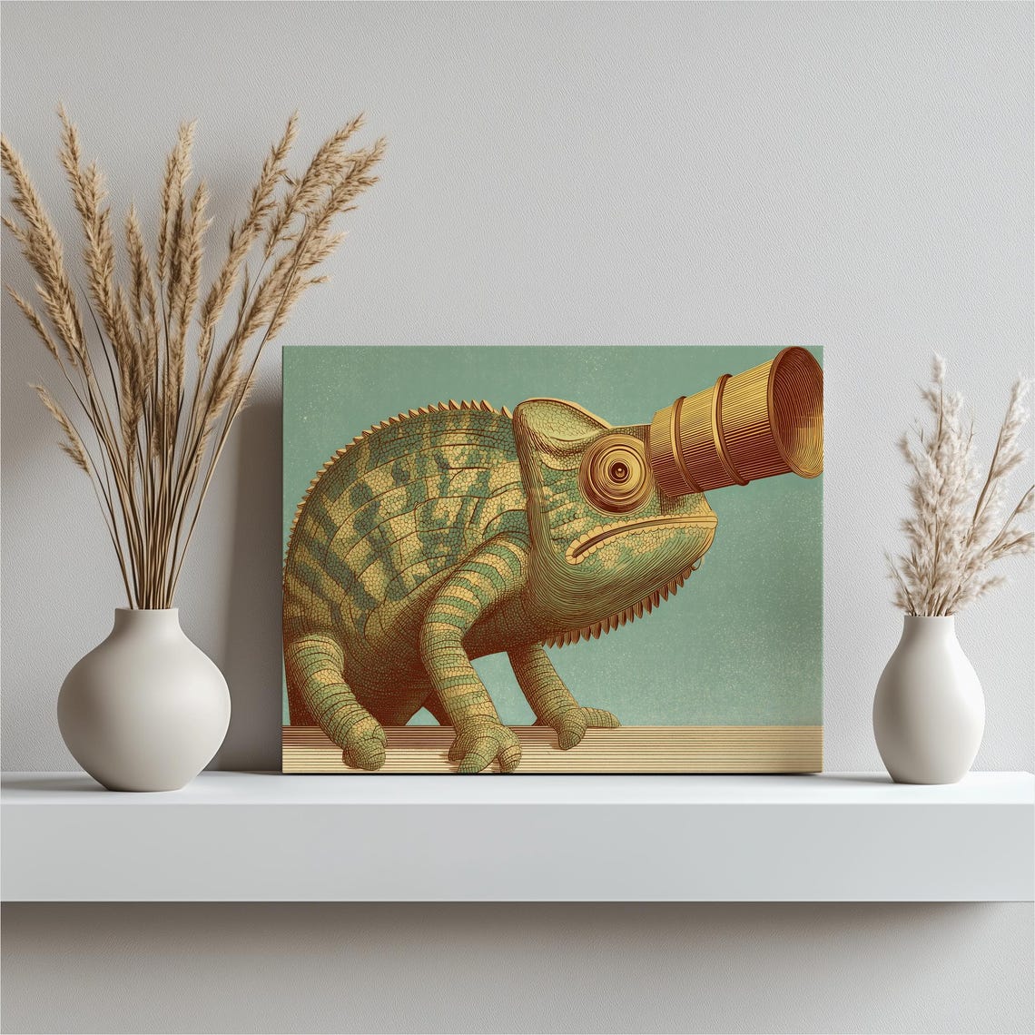 Chameleon Telescope Vintage Canvas Wall Art Surreal Reptile Decor Nature Lizard Print Style Wildlife Gift
