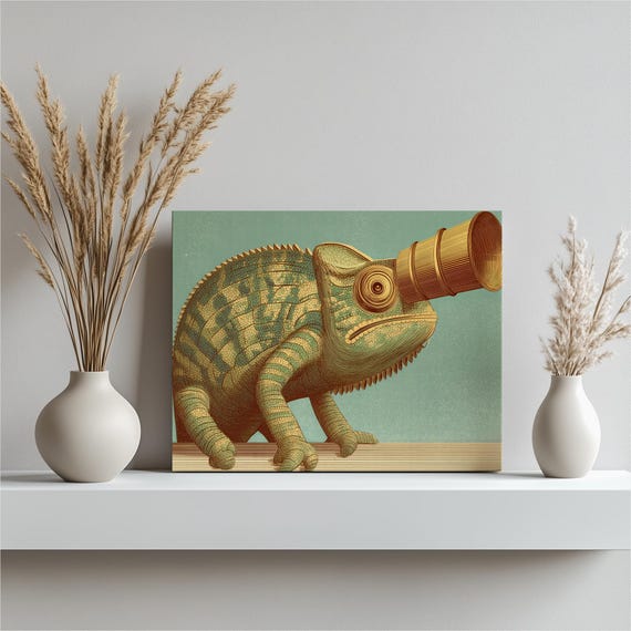 Chameleon Telescope Vintage Canvas Wall Art Surreal Reptile Decor Nature Lizard Print Style Wildlife Gift